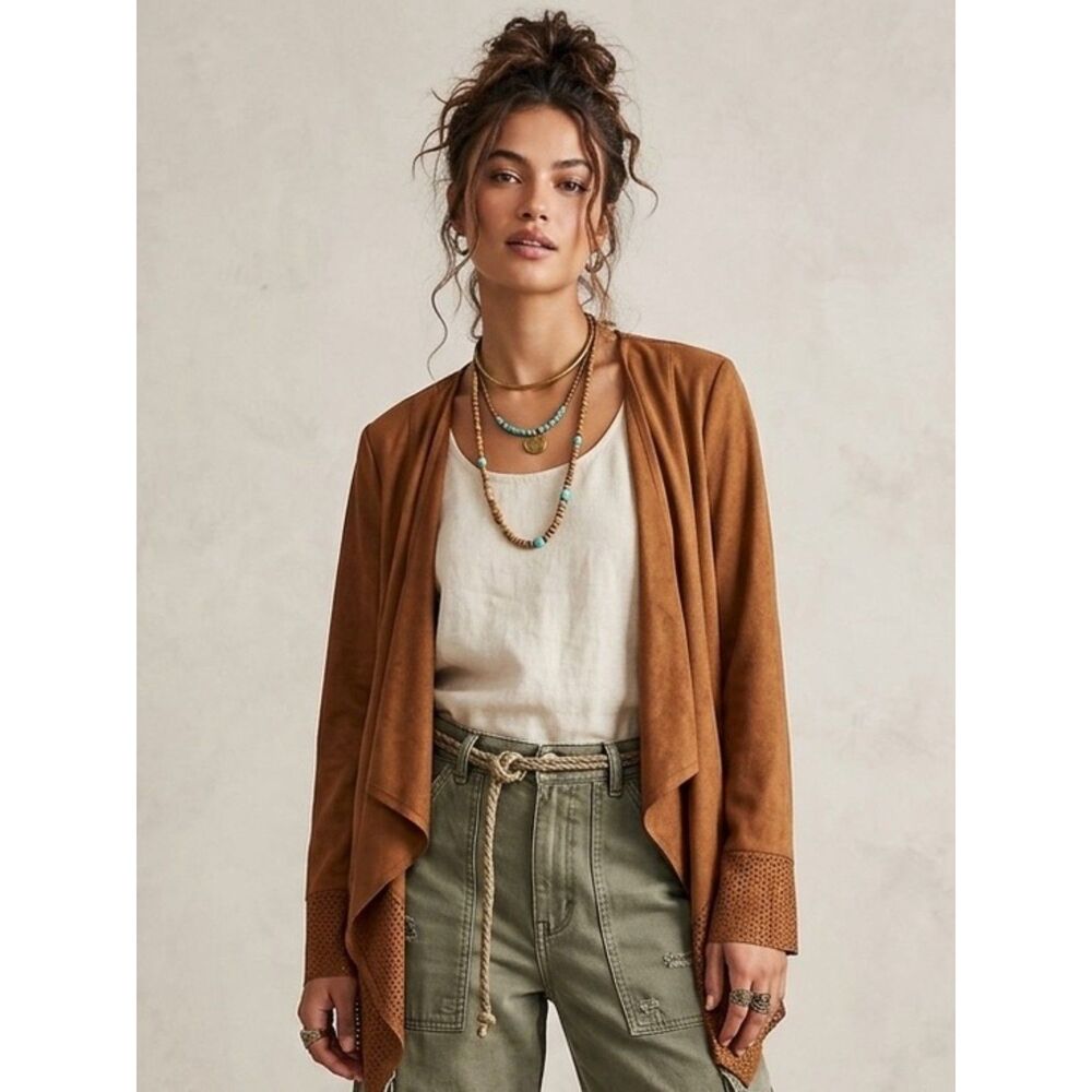 Chicos Jacket Sz 3 XL‎ Faux Suede Open Drape Boho Coastal Cowgirl Western Camel
